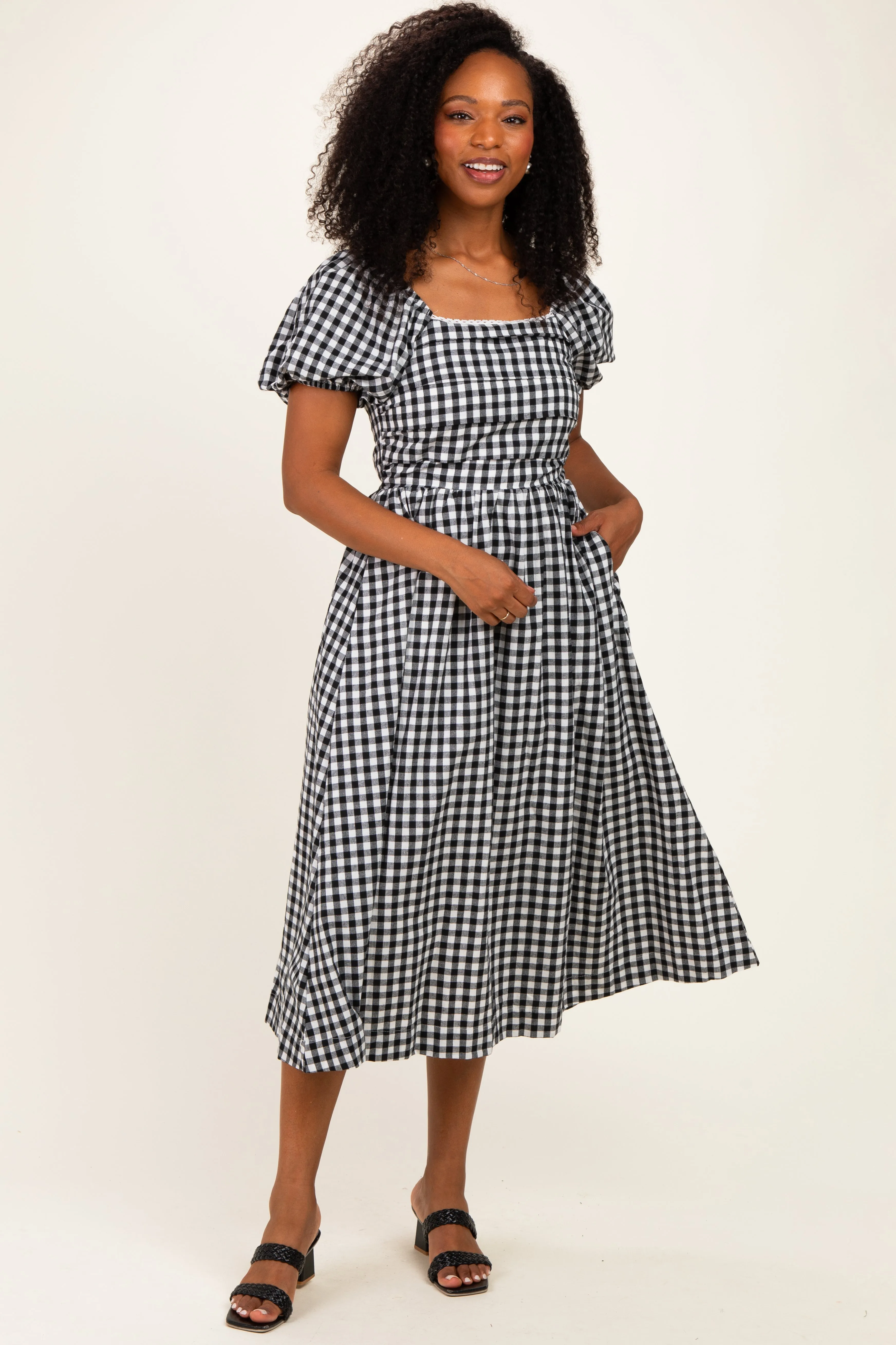Black Gingham Lace Trim Puff Sleeve Midi Dress sold by Pinkblush product image thumbnail 2