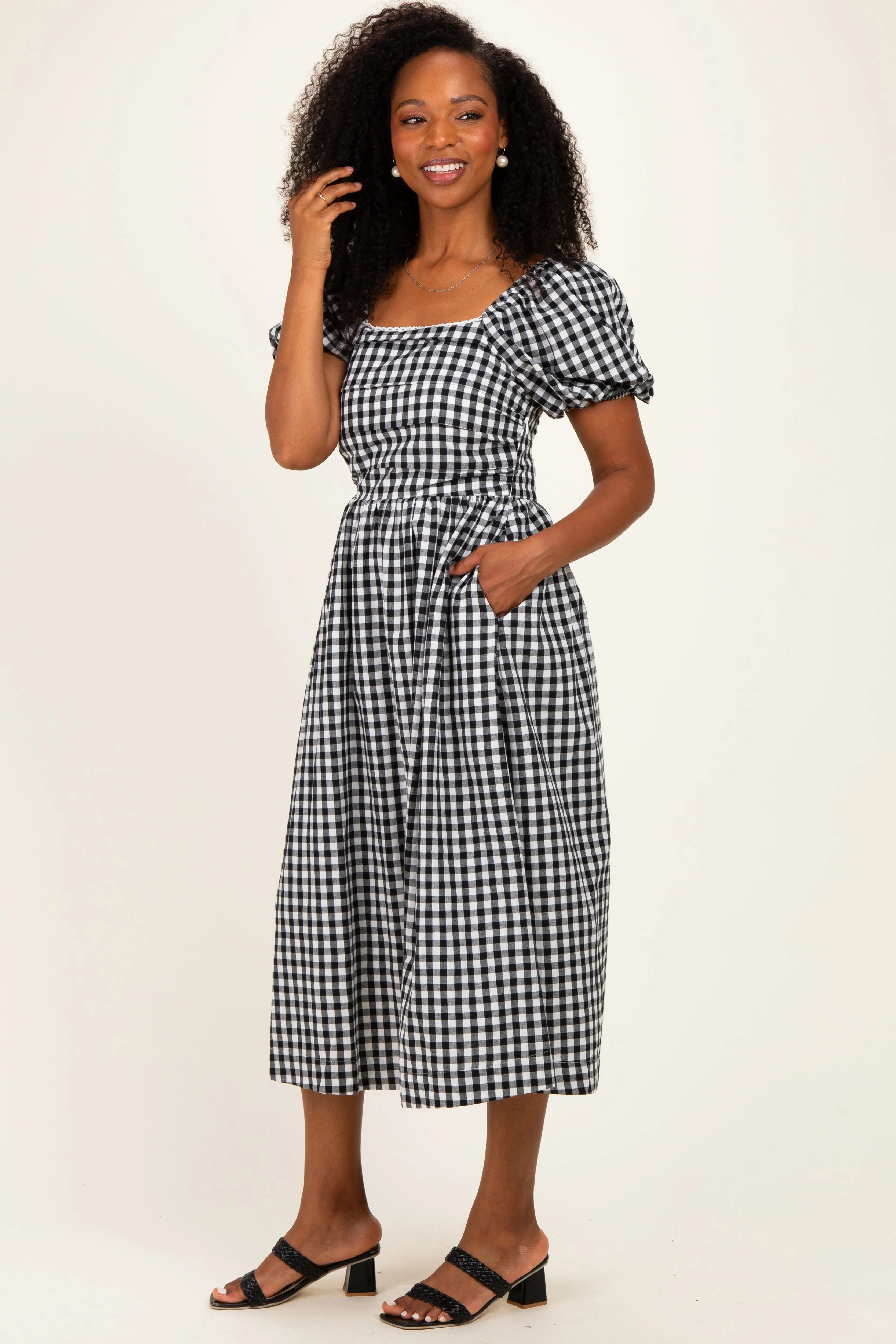 Black Gingham Lace Trim Puff Sleeve Midi Dress sold by Pinkblush product image thumbnail 3