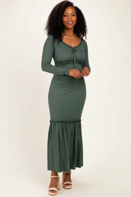 Olive Ribbed Long Sleeve Ruffle Trim Off Shoulder Maxi Dress made by Pinkblush