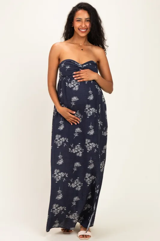 Dark Blue Floral Strapless Cutout Maternity Maxi Dress made by Pinkblush