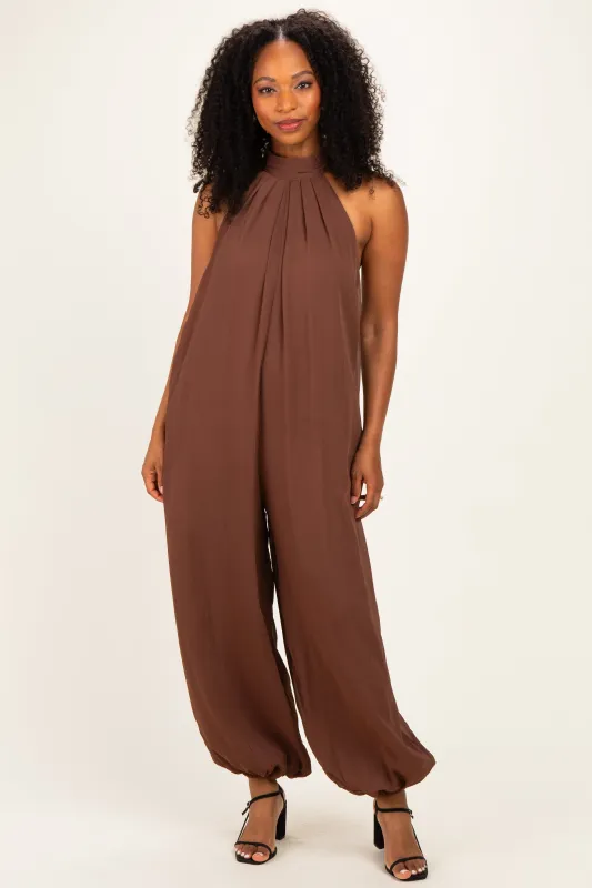 Brown Chiffon Halter Neck Open Back Jumpsuit made by Pinkblush