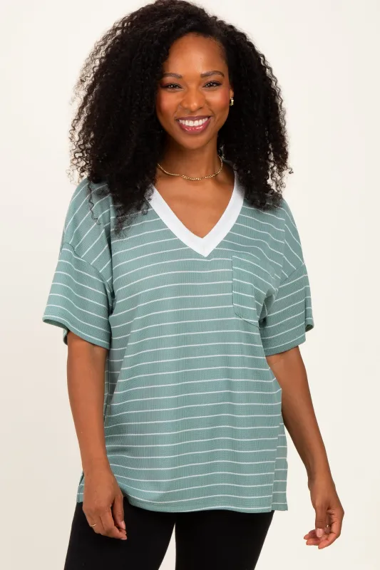 Mint Striped Short Sleeve V-Neck Top made by Pinkblush