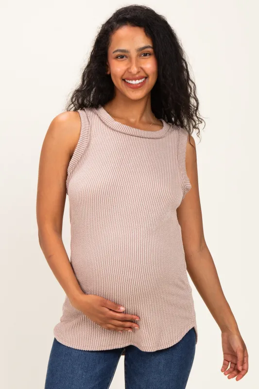 Beige Ribbed Sleeveless Maternity Top made by Pinkblush