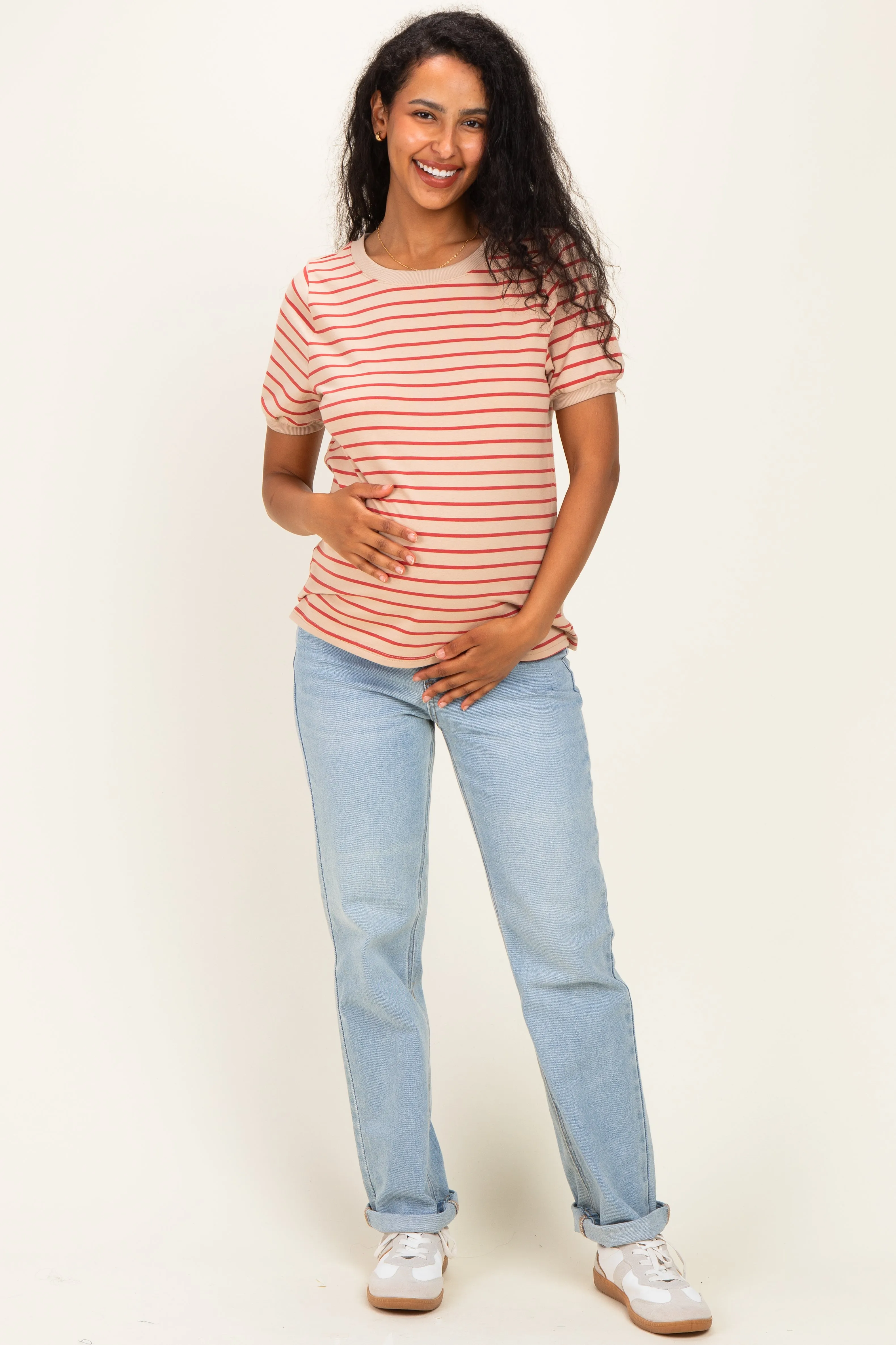 Tan Striped Solid Trim Maternity Tee sold by Pinkblush product image thumbnail 4