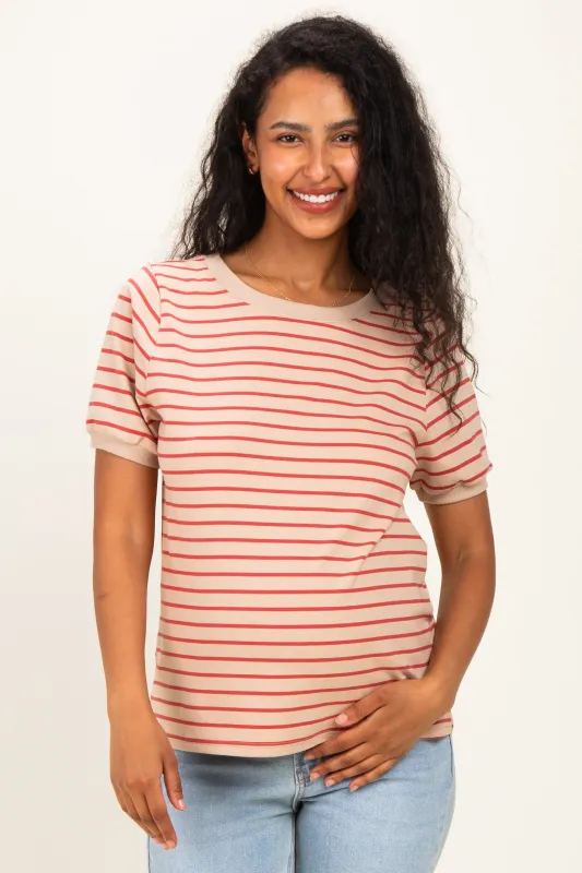 Tan Striped Solid Trim Maternity Tee made by Staccato
