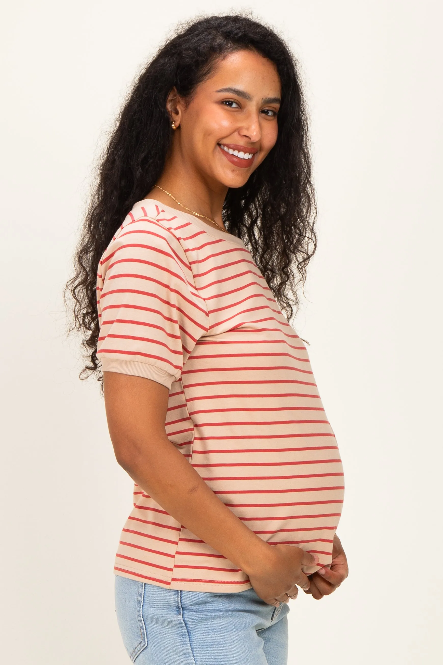 Tan Striped Solid Trim Maternity Tee sold by Pinkblush product image thumbnail 2