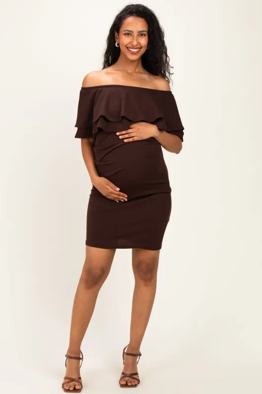 Brown Off Shoulder Ruched Maternity Dress made by Pinkblush
