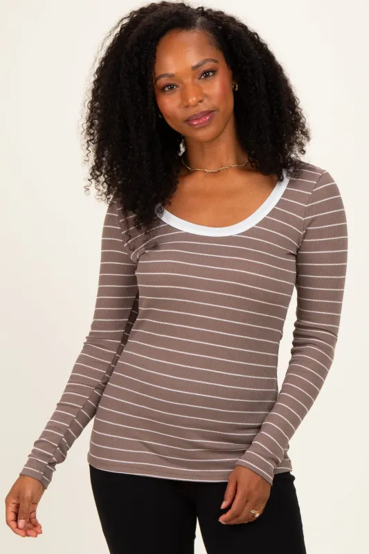 Taupe Striped Long Sleeve Scoop Neck Top made by Pinkblush