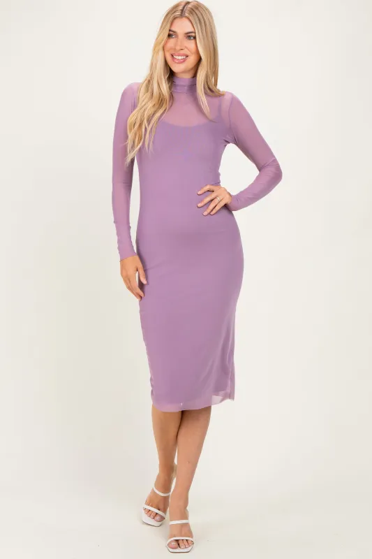 Dusty Lavender Mesh Overlay Fitted Midi Dress made by Pinkblush