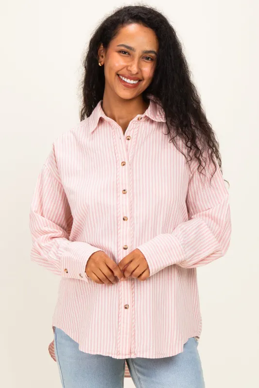 Pink Oversized Striped Button Down Long Sleeve Maternity Shirt made by Hem & Thread