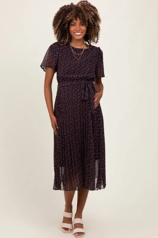 Black Micro Floral Pleated Maternity Midi Dress made by Polagram