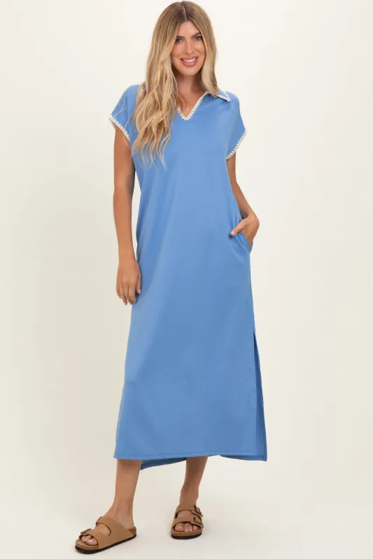 Blue Stitch Detail Collared Midi Dress made by entro