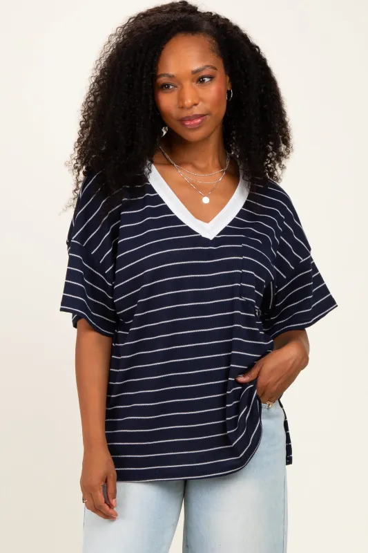 Navy Striped Short Sleeve V-Neck Top made by Pinkblush