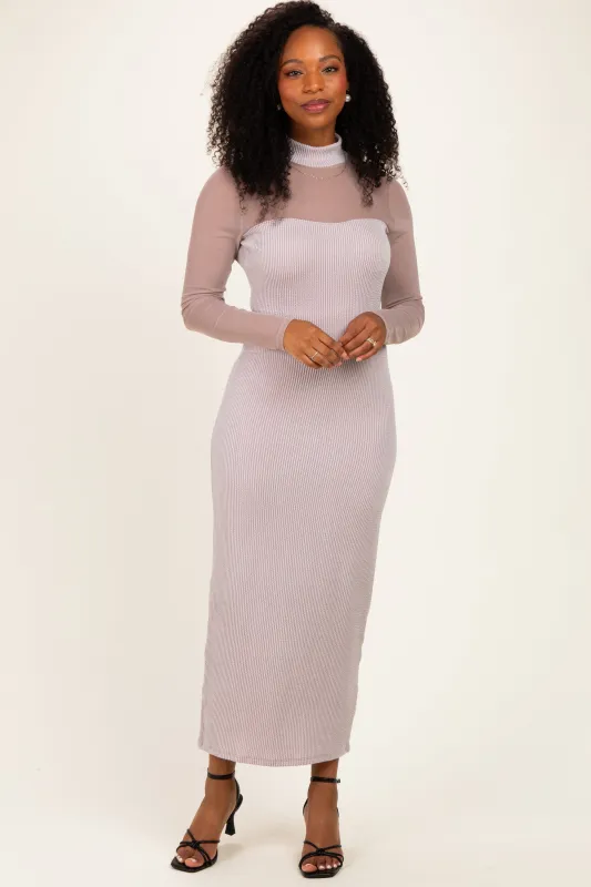 Beige Ribbed Knit Mock Neck Long Sleeve Maxi Dress made by Pinkblush