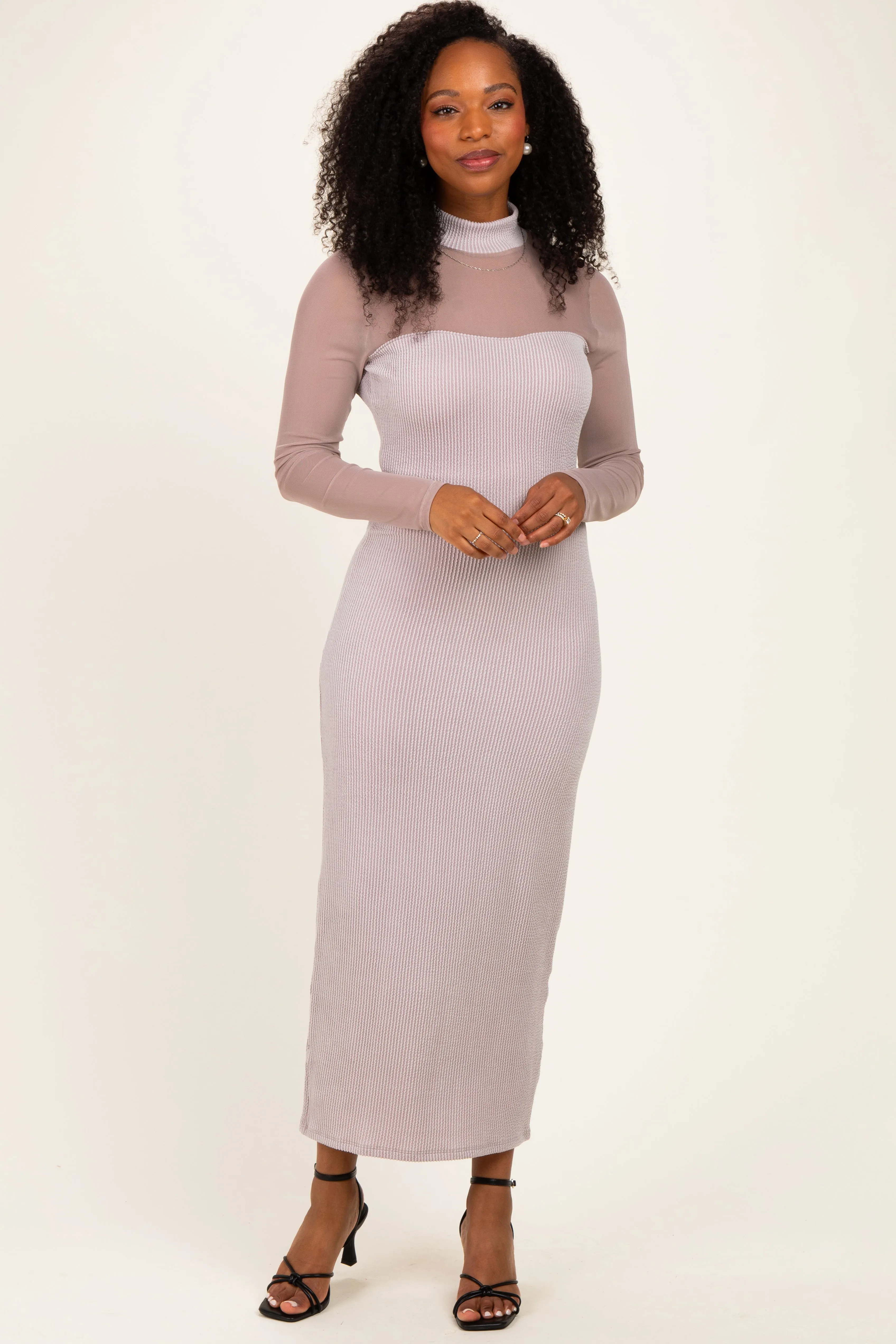 Beige Ribbed Knit Mock Neck Long Sleeve Maxi Dress sold by Pinkblush