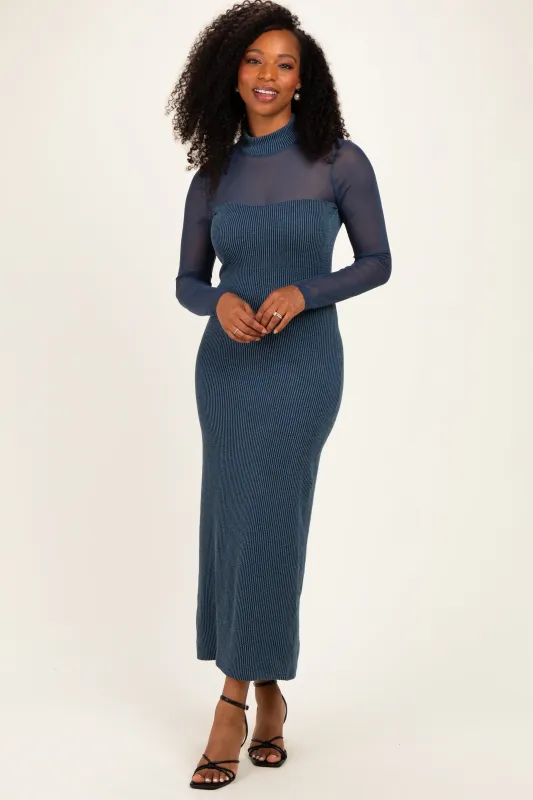 Hunter Green Ribbed Knit Mock Neck Long Sleeve Maxi Dress made by Pinkblush