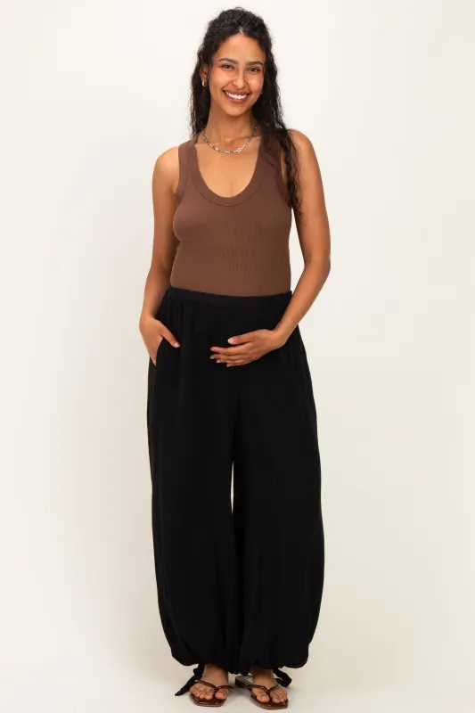 Black Cotton Gauze Tie Hem Maternity Pants made by Bluivy