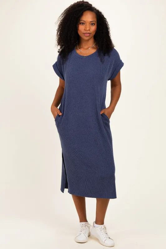 Navy Short Sleeve Ribbed Maxi Dress made by Pinkblush