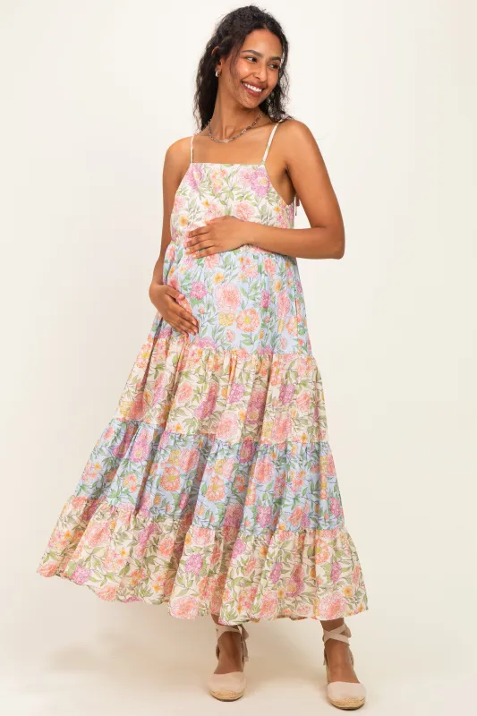 Pink Floral Colorblock Tiered Maternity Maxi Dress made by Davi & Dani