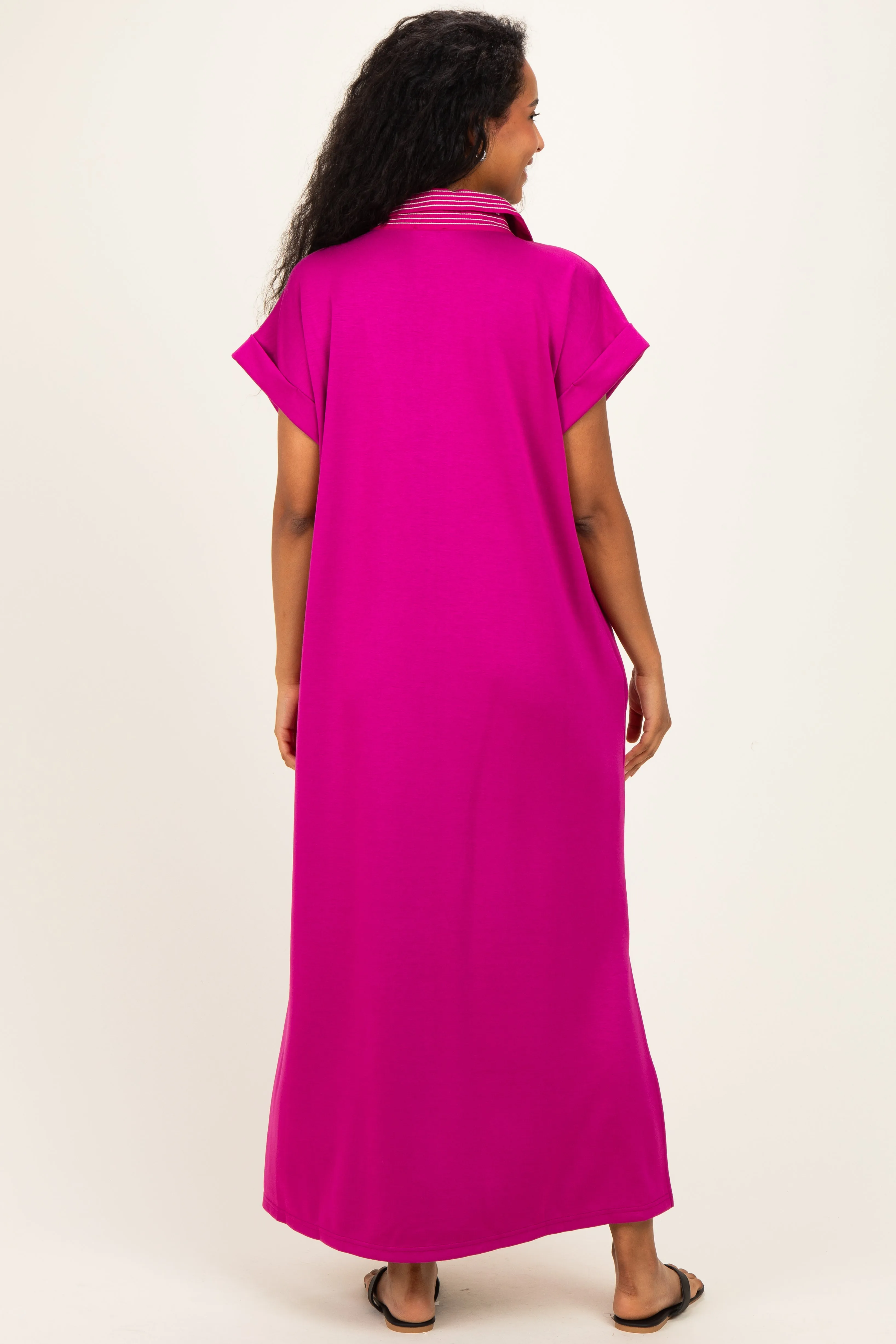 Magenta Striped Collared Side Slit Maternity Midi Dress sold by Pinkblush product image thumbnail 4