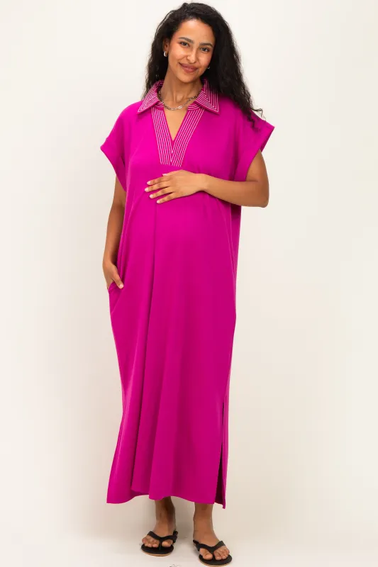 Magenta Striped Collared Side Slit Maternity Midi Dress made by JODIFL