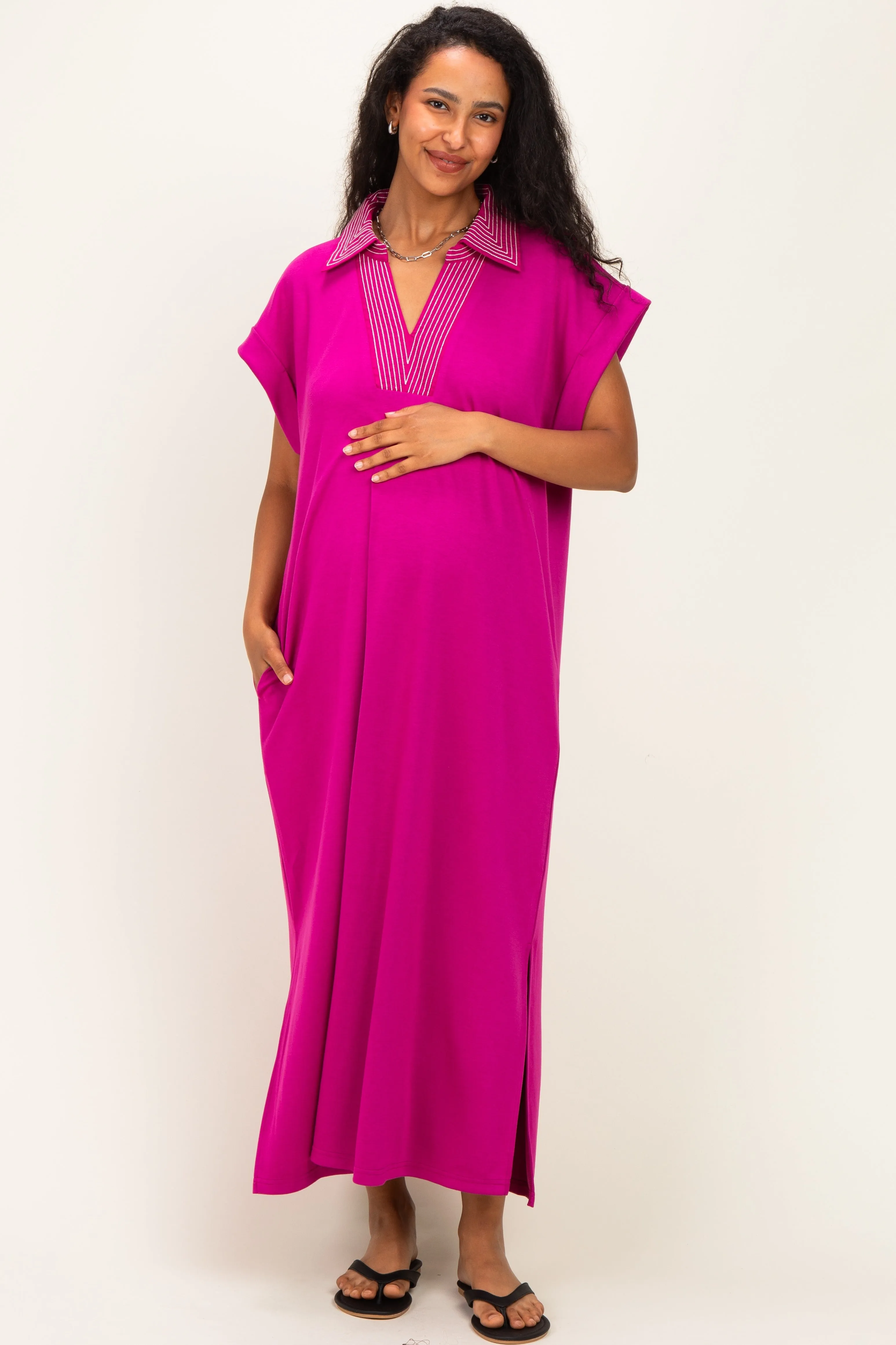Magenta Striped Collared Side Slit Maternity Midi Dress sold by Pinkblush