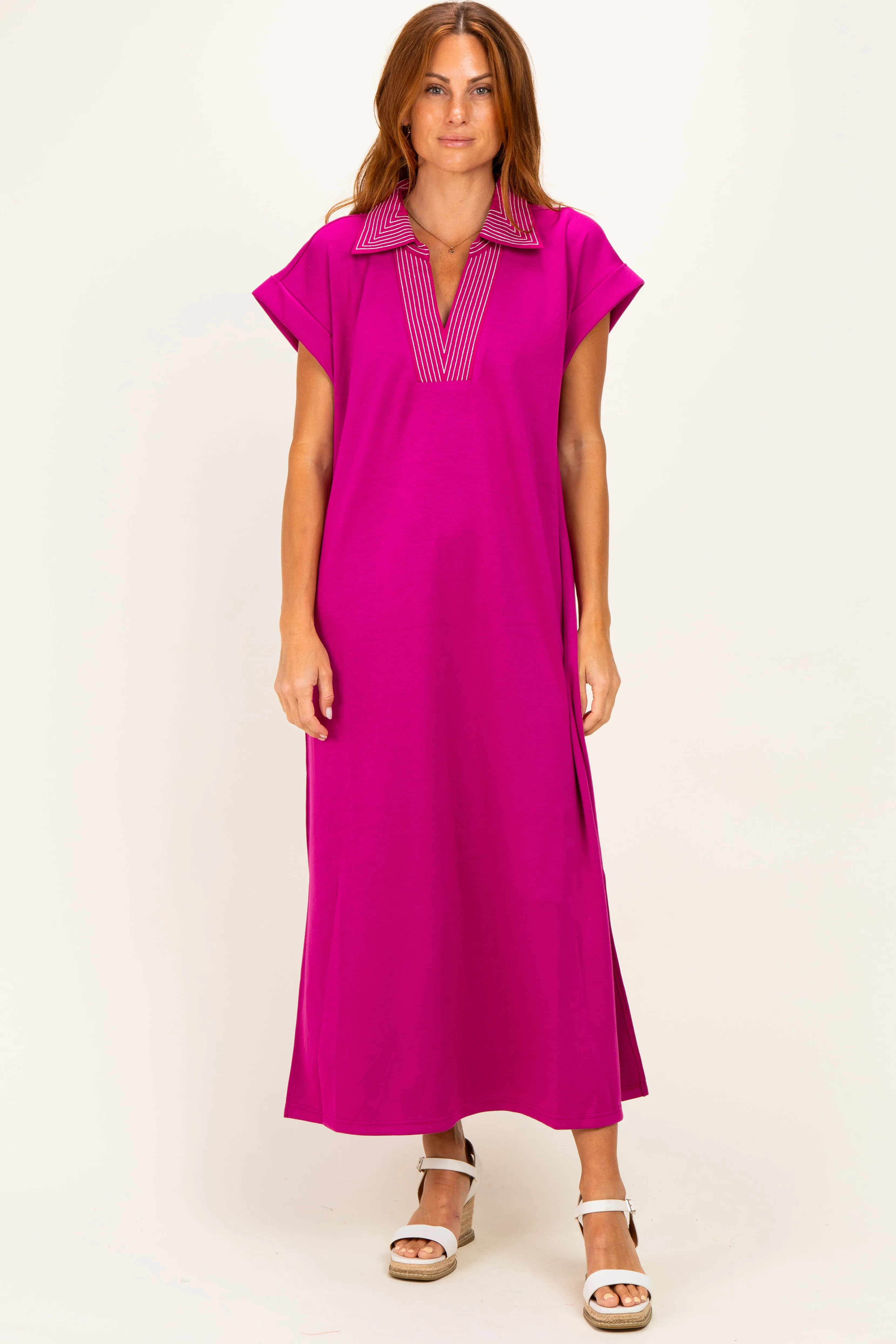 Magenta Striped Collared Side Slit Maternity Midi Dress sold by Pinkblush product image thumbnail 5