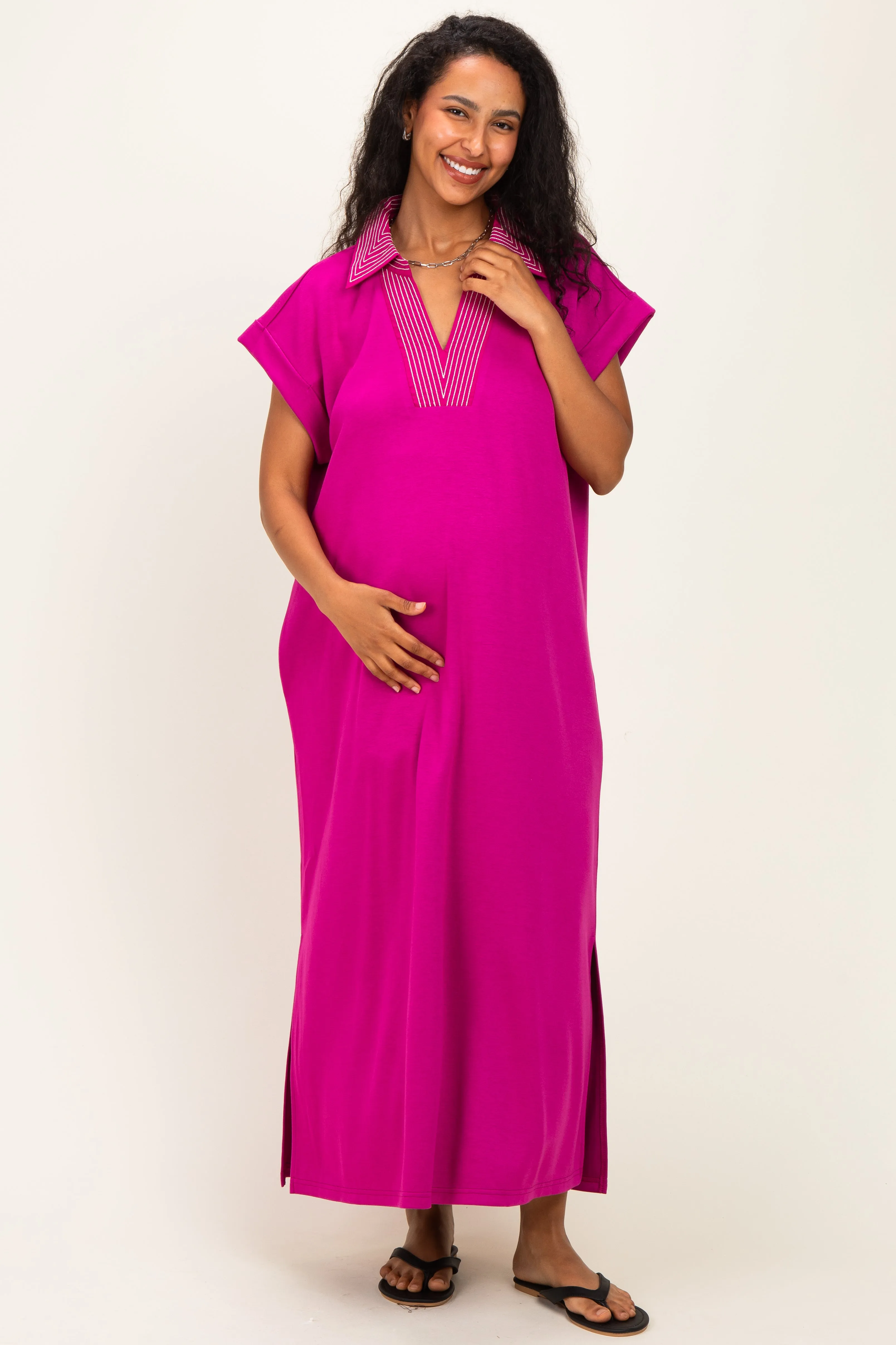 Magenta Striped Collared Side Slit Maternity Midi Dress sold by Pinkblush product image thumbnail 2
