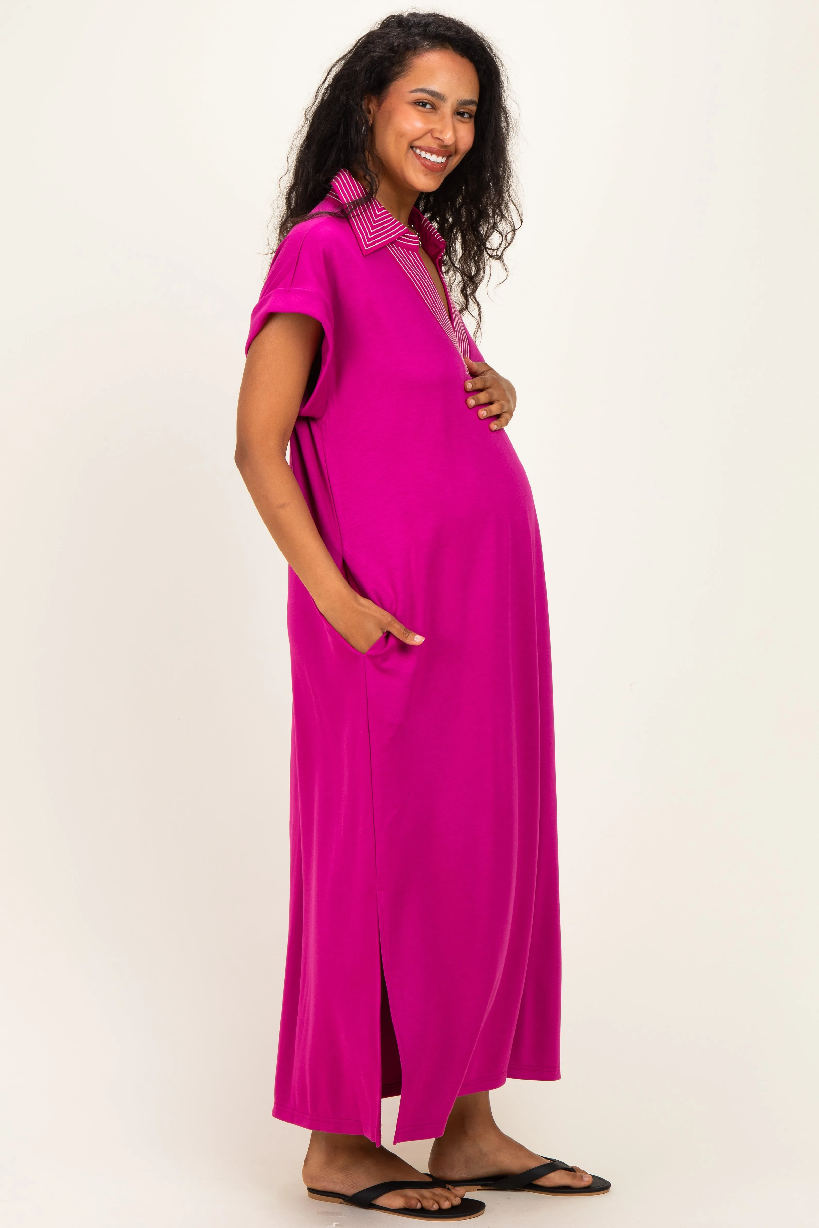 Magenta Striped Collared Side Slit Maternity Midi Dress sold by Pinkblush product image thumbnail 3