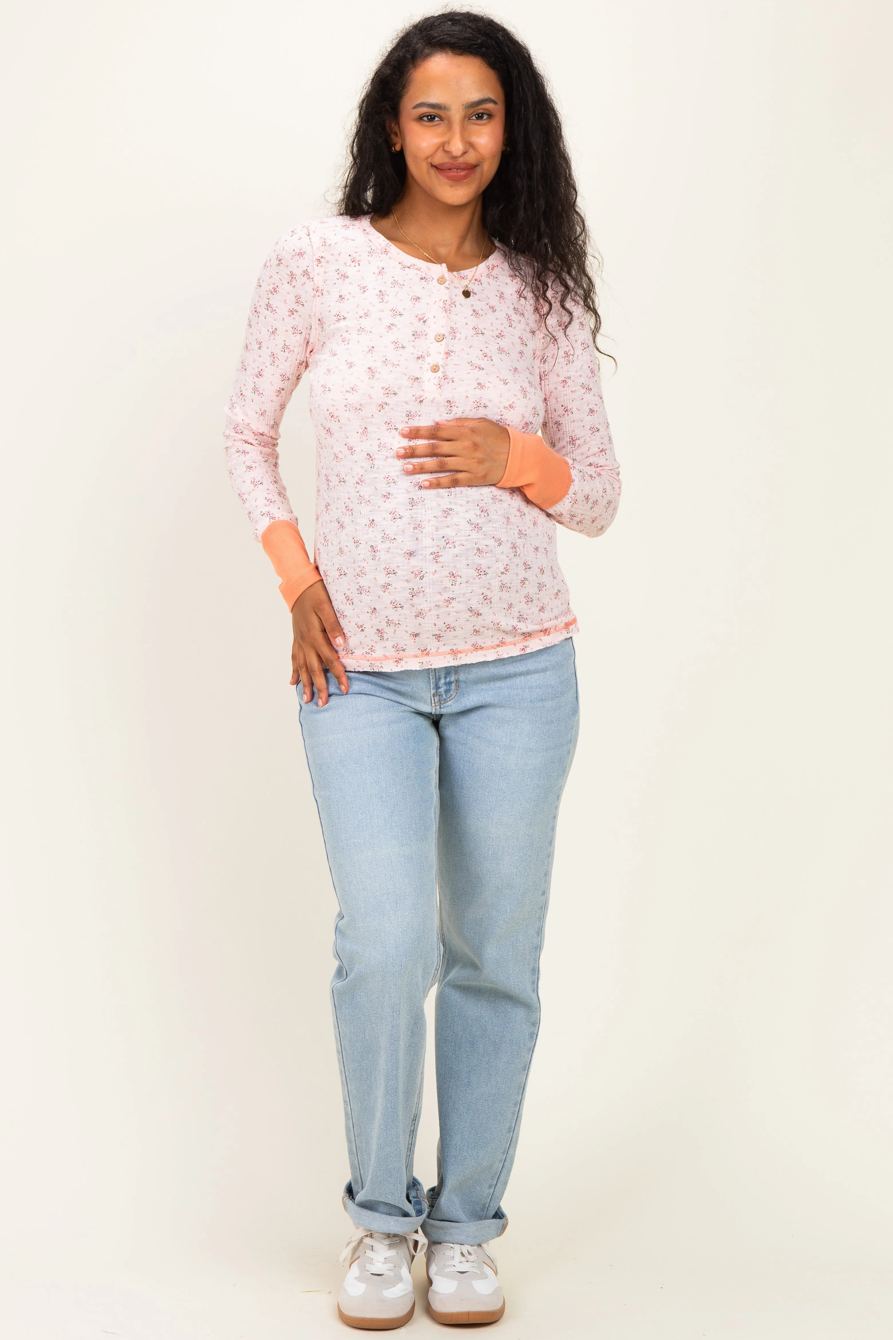 Soft Pink Floral Ribbed Maternity Henley Top sold by Pinkblush product image thumbnail 3