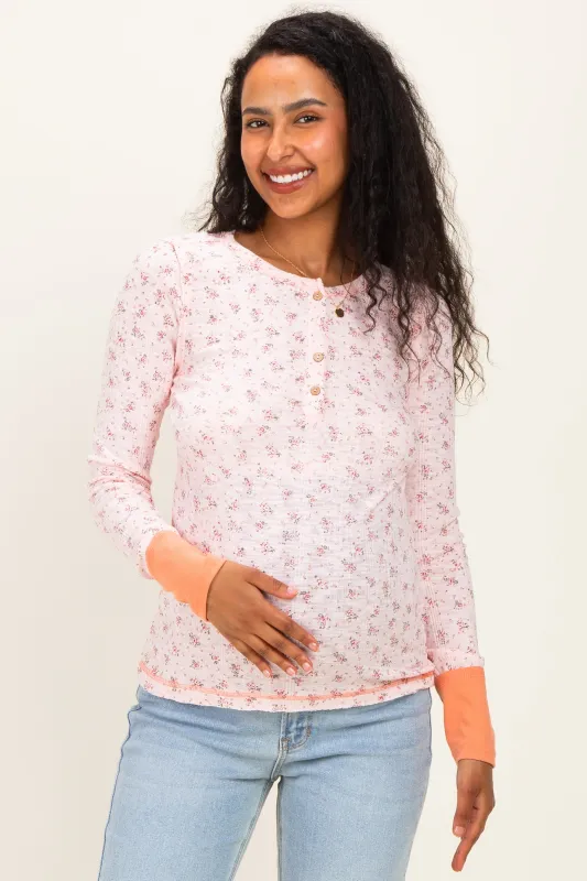 Soft Pink Floral Ribbed Maternity Henley Top made by AnnieWear
