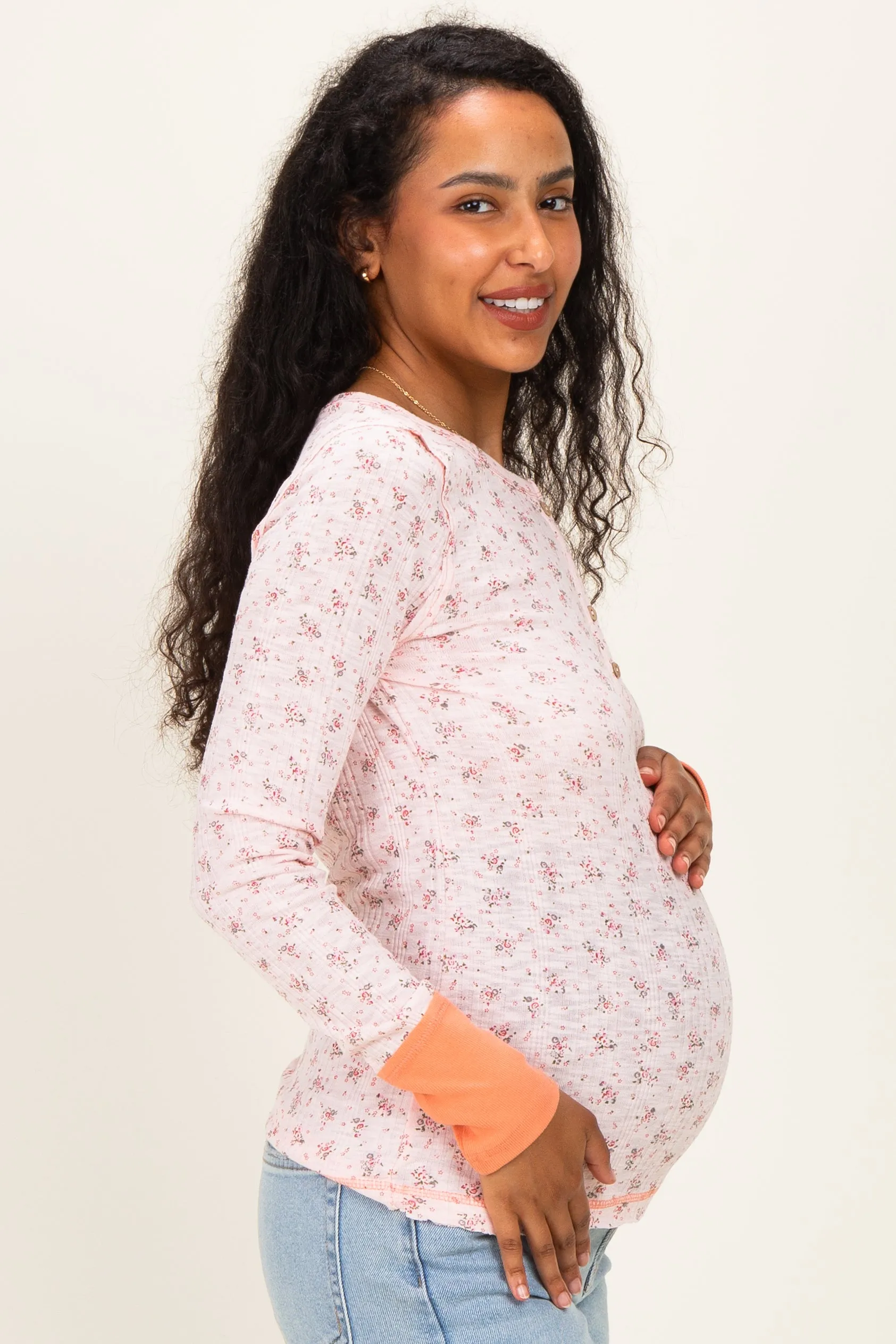 Soft Pink Floral Ribbed Maternity Henley Top sold by Pinkblush product image thumbnail 2