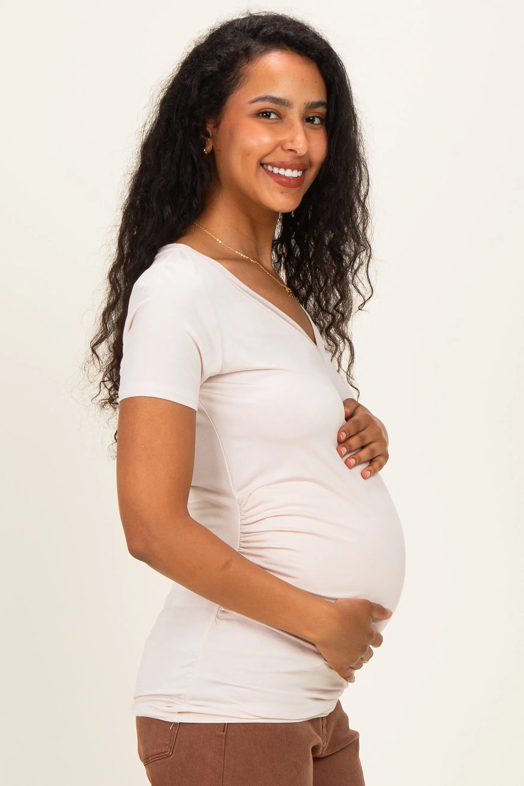 Beige V-Neck Ruched Side Maternity Top sold by Pinkblush product image thumbnail 2