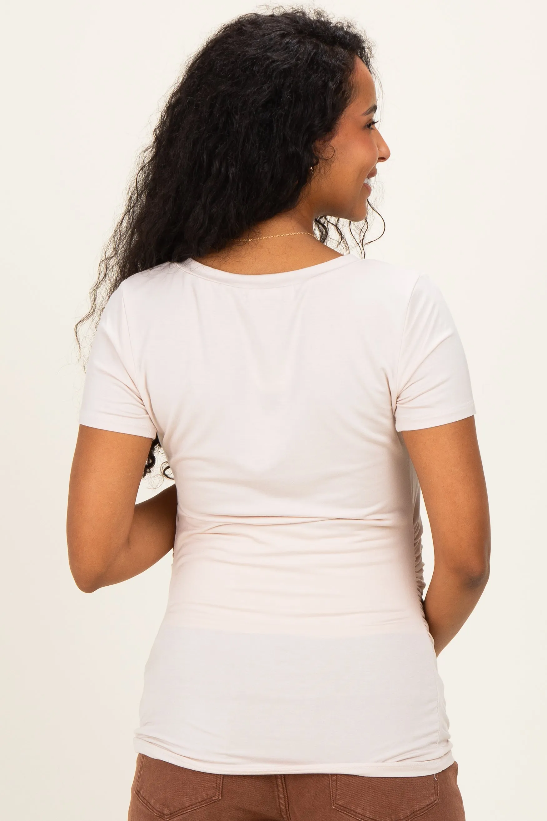 Beige V-Neck Ruched Side Maternity Top sold by Pinkblush product image thumbnail 3