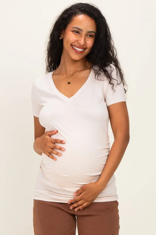 Beige V-Neck Ruched Side Maternity Top made by Pinkblush