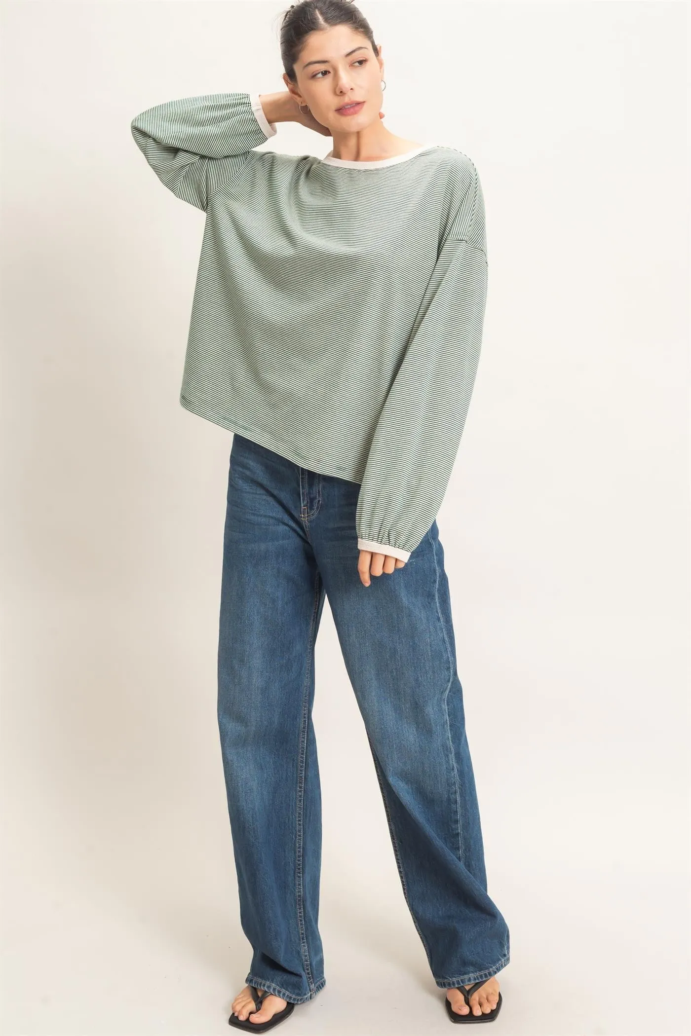 Green Striped Boat Neck Long Sleeve Top sold by Pinkblush product image thumbnail 4