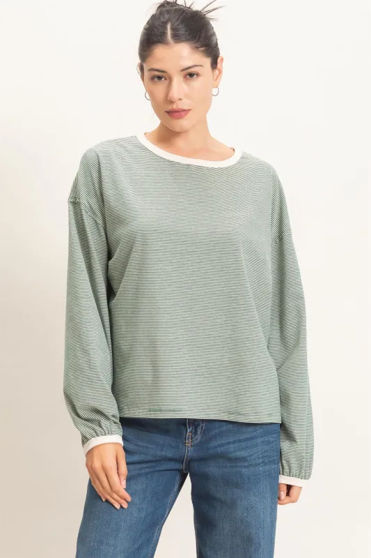 Green Striped Boat Neck Long Sleeve Top made by HYFVE