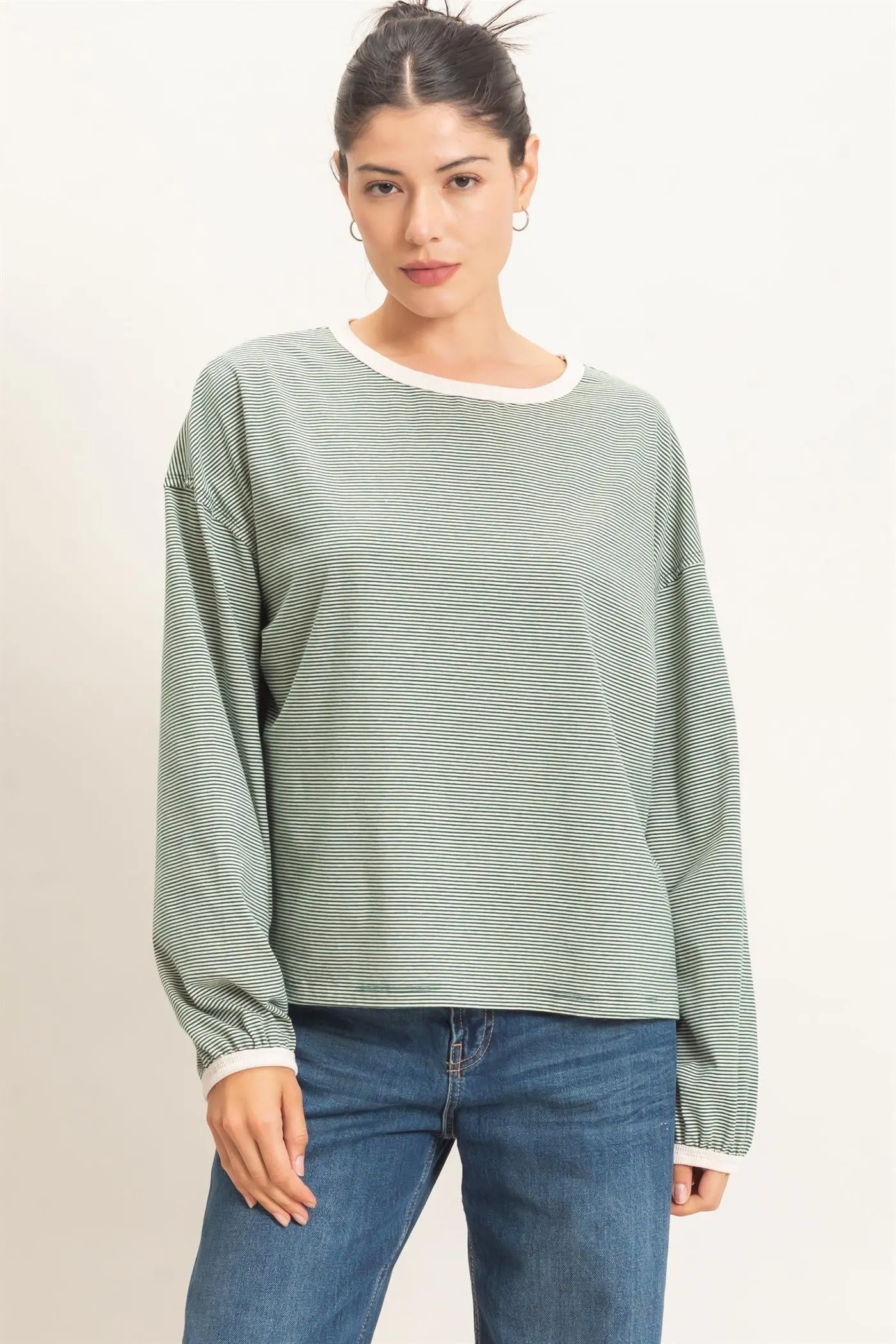 Green Striped Boat Neck Long Sleeve Top sold by Pinkblush