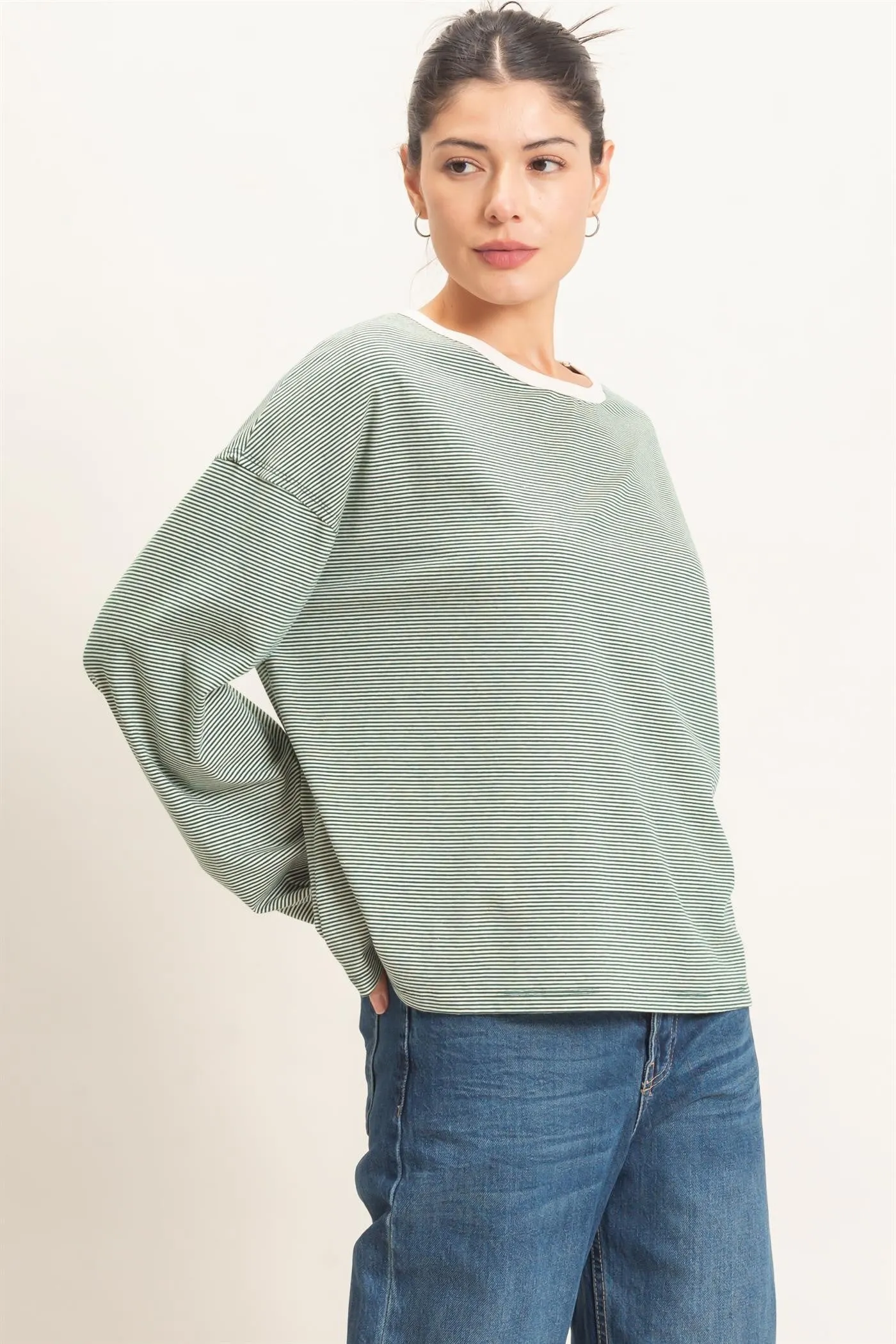 Green Striped Boat Neck Long Sleeve Top sold by Pinkblush product image thumbnail 2