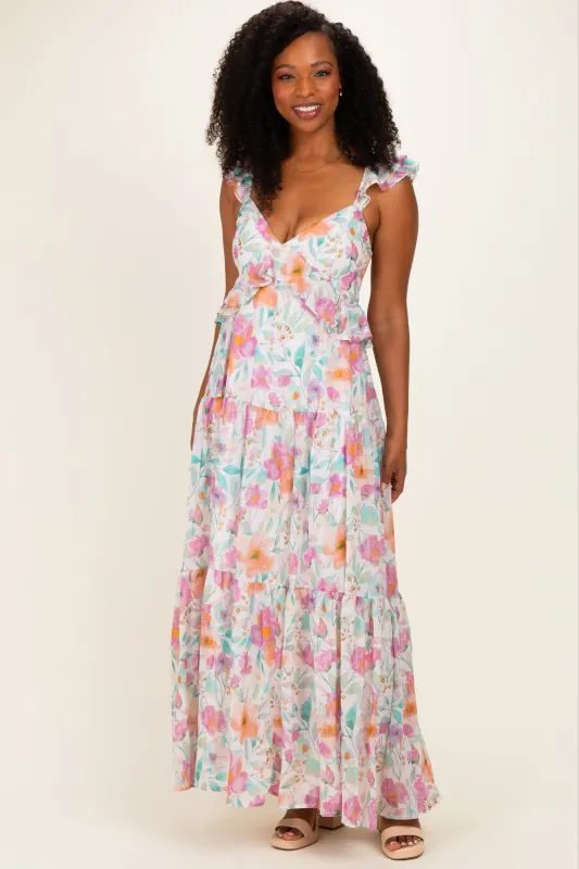 Ivory Floral Ruffle Accent Maxi Dress made by Flying Tomato