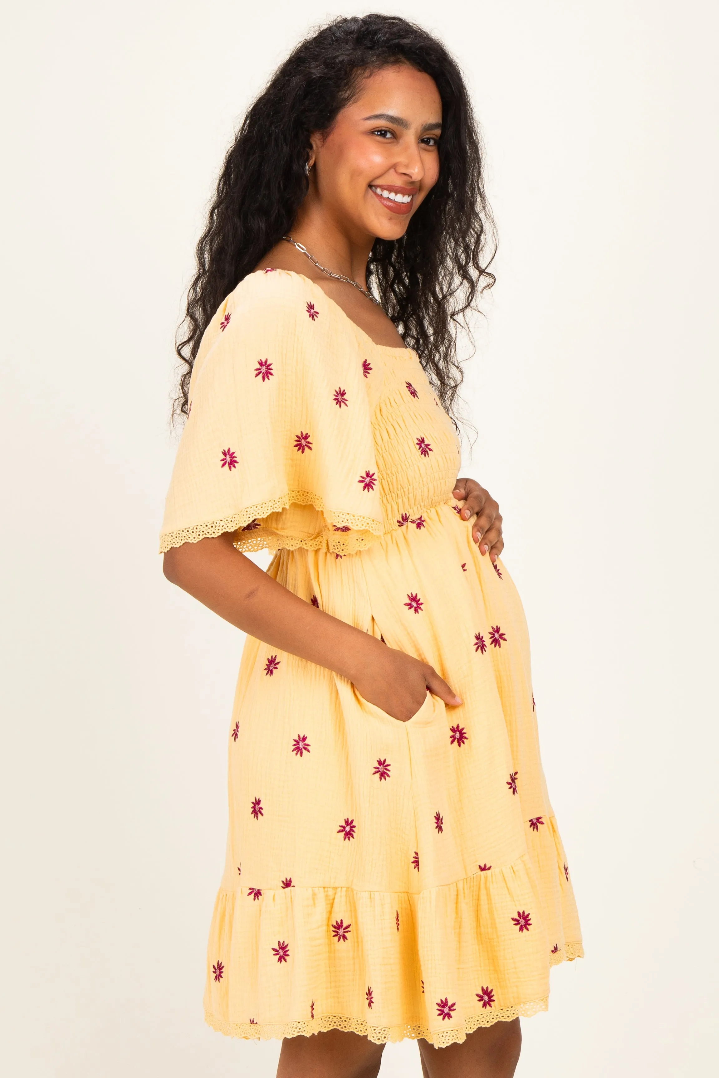 Yellow Floral Embroidered Smocked Maternity Dress sold by Pinkblush product image thumbnail 3