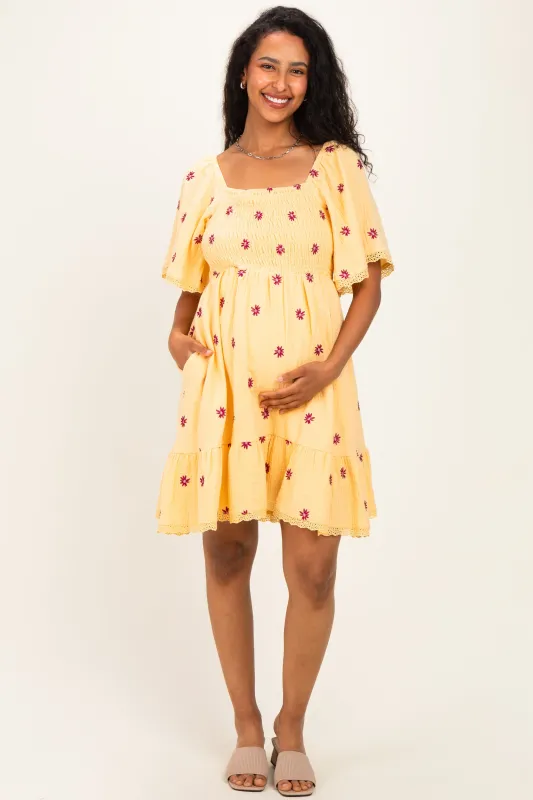 Yellow Floral Embroidered Smocked Maternity Dress made by Jnna