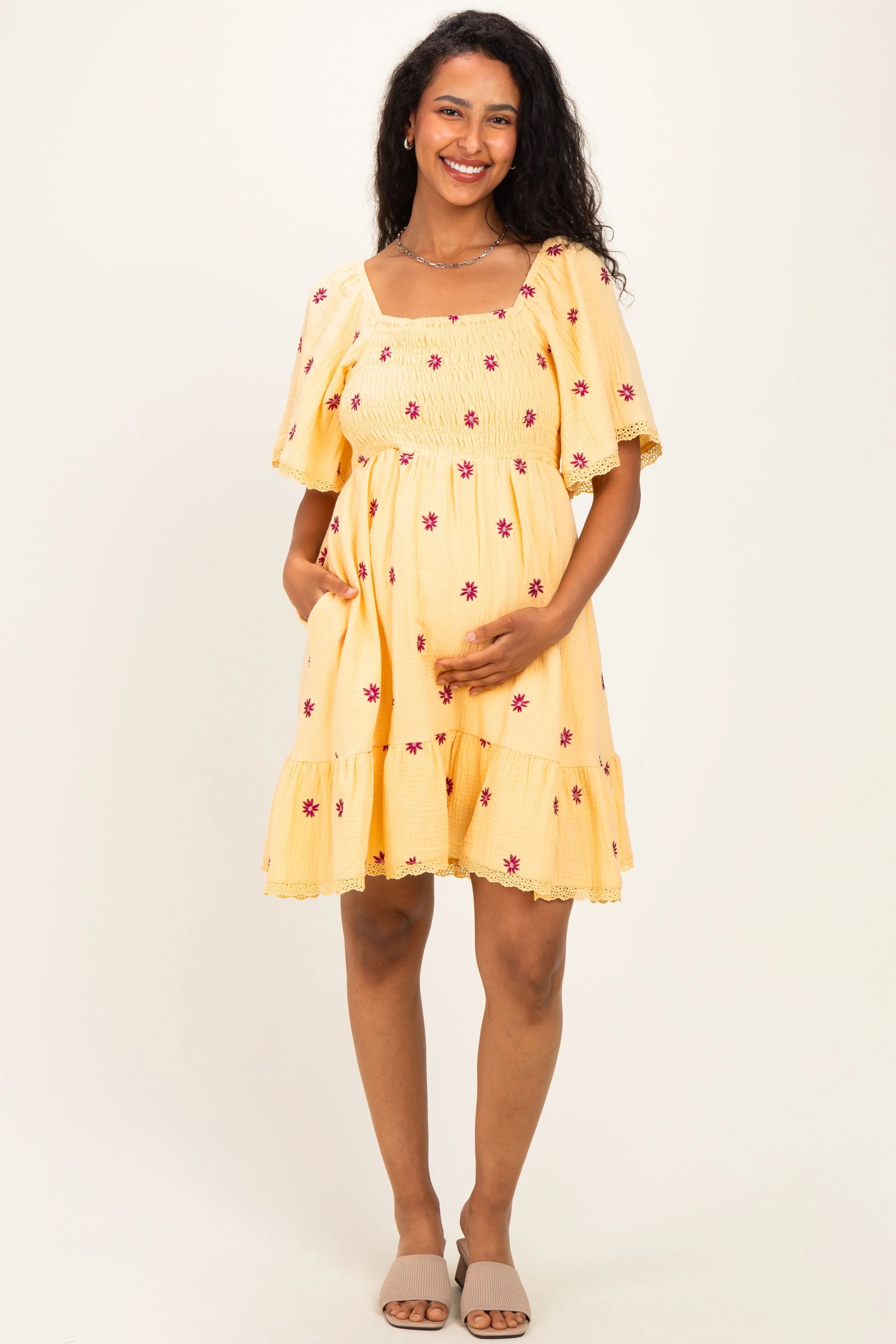Yellow Floral Embroidered Smocked Maternity Dress sold by Pinkblush