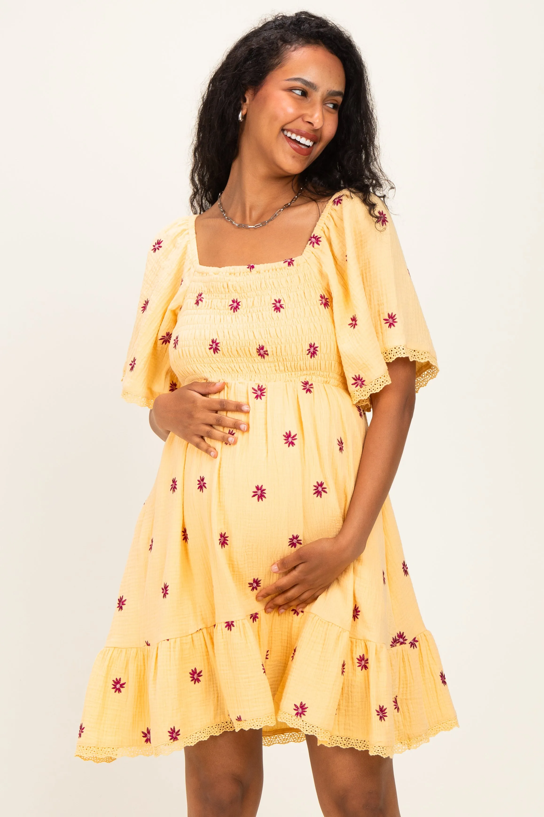 Yellow Floral Embroidered Smocked Maternity Dress sold by Pinkblush product image thumbnail 2