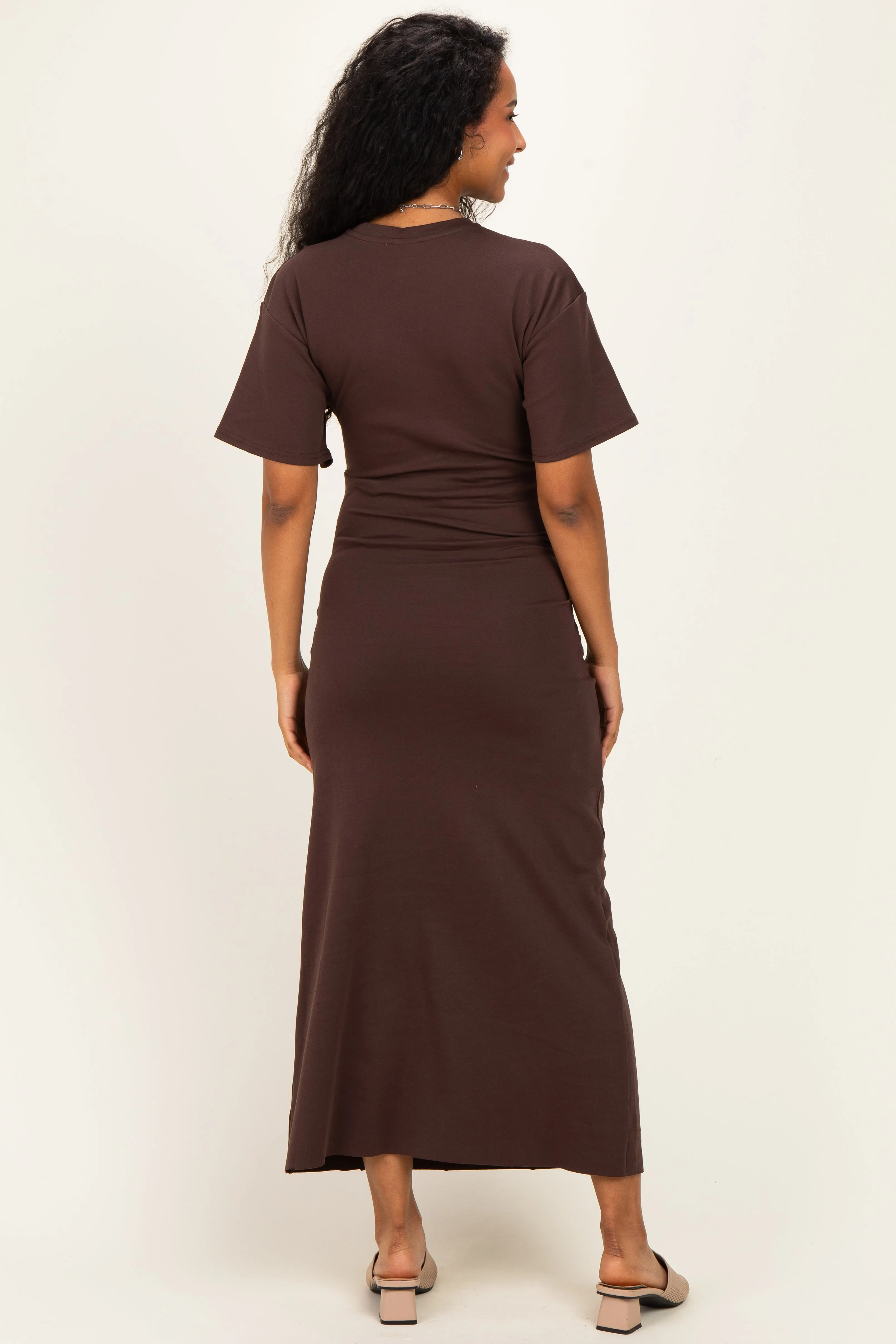 Brown Drop Shoulder Ruched Maternity Maxi Dress sold by Pinkblush product image thumbnail 3