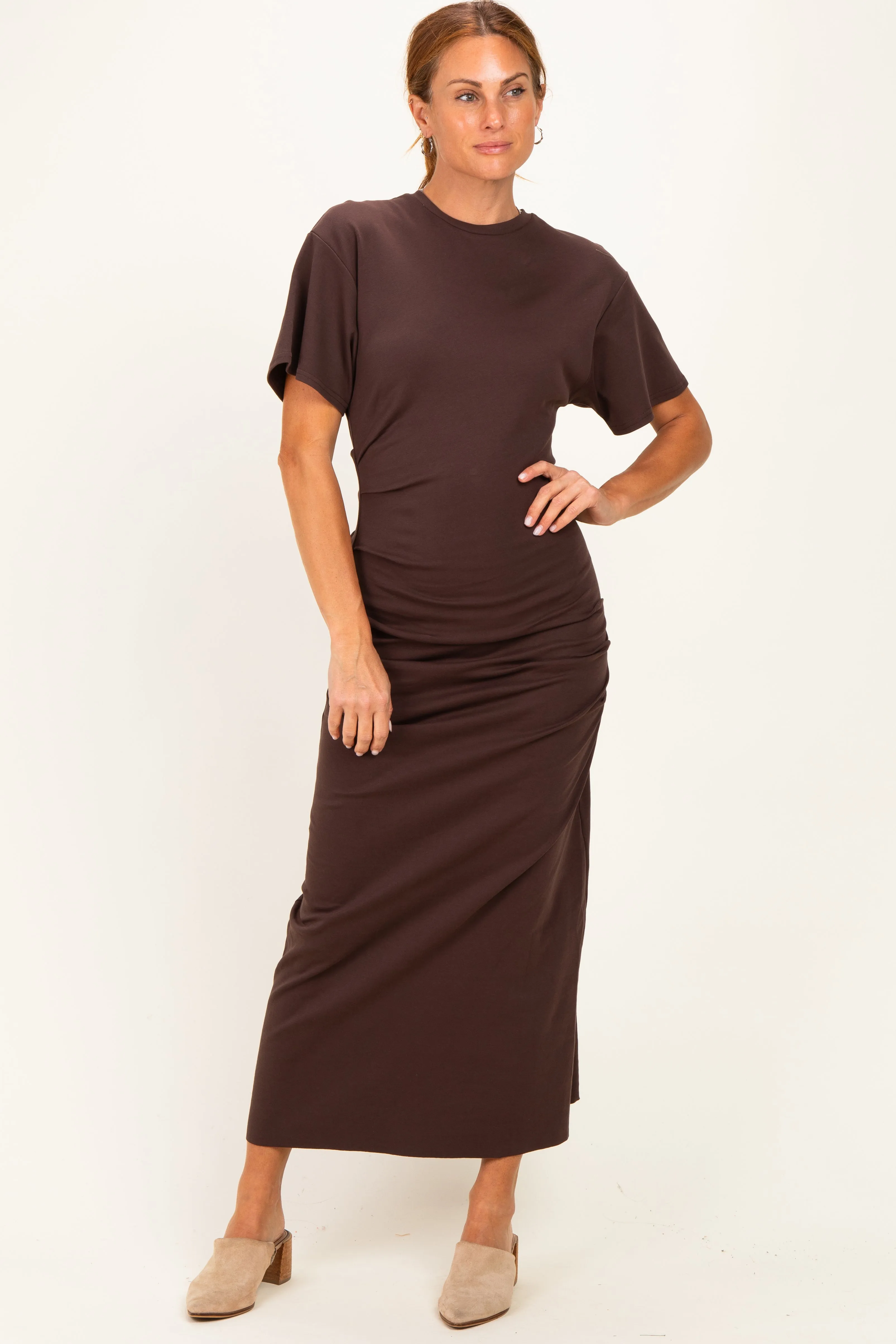 Brown Drop Shoulder Ruched Maternity Maxi Dress sold by Pinkblush product image thumbnail 4