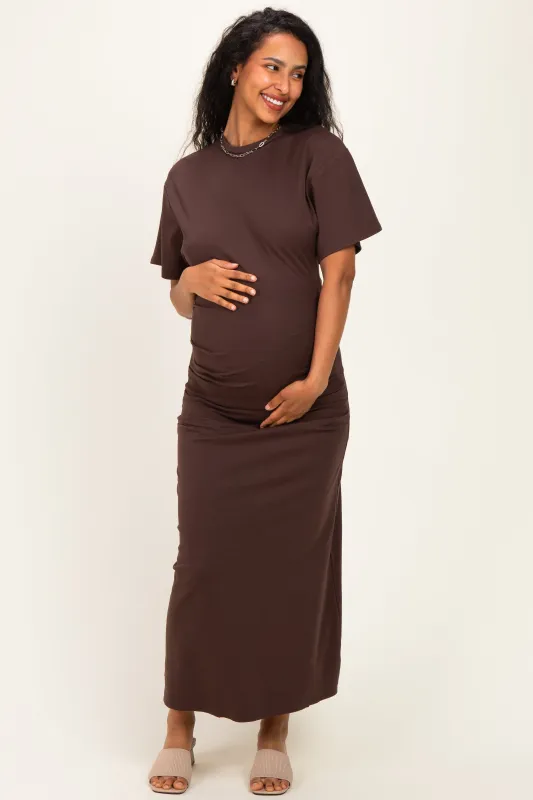 Brown Drop Shoulder Ruched Maternity Maxi Dress made by Pinkblush