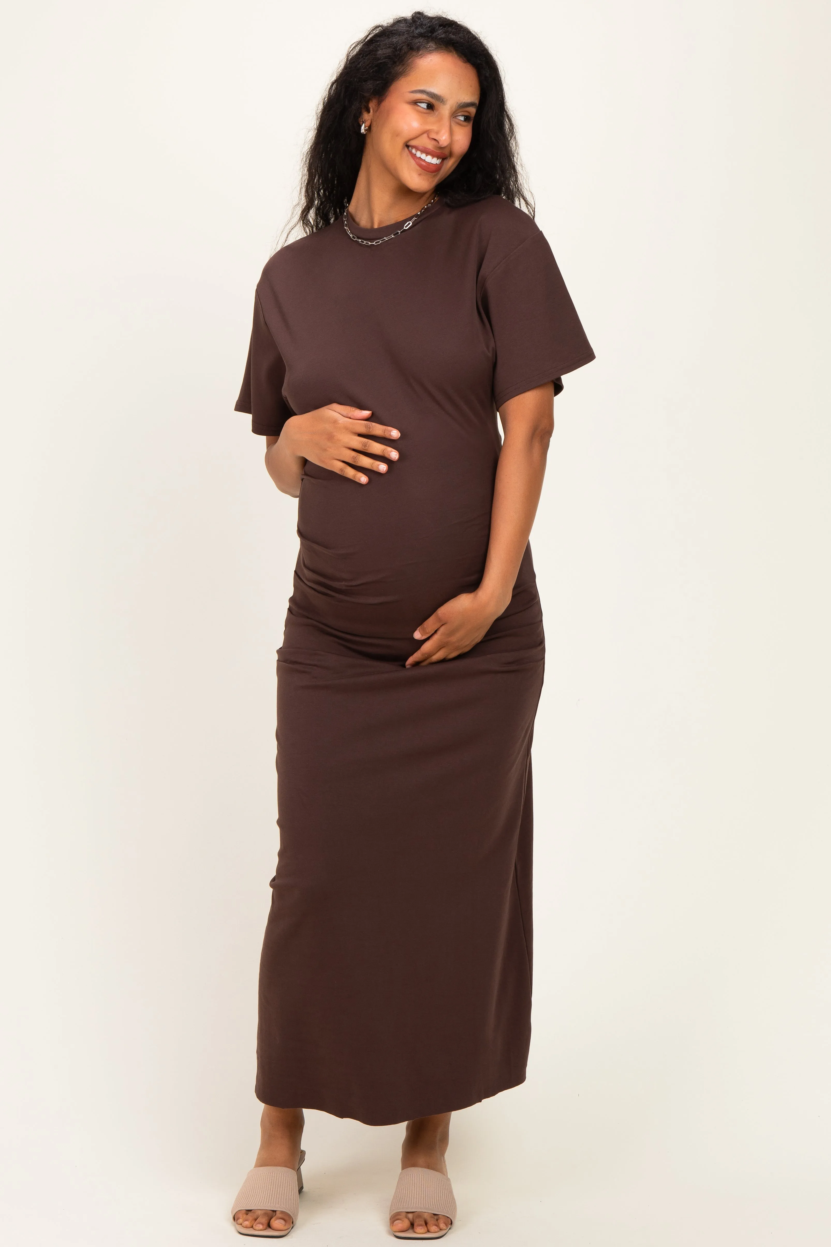 Brown Drop Shoulder Ruched Maternity Maxi Dress sold by Pinkblush