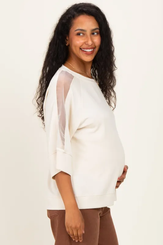 Cream Mesh Shoulder Short Sleeve Maternity Top made by Umgee