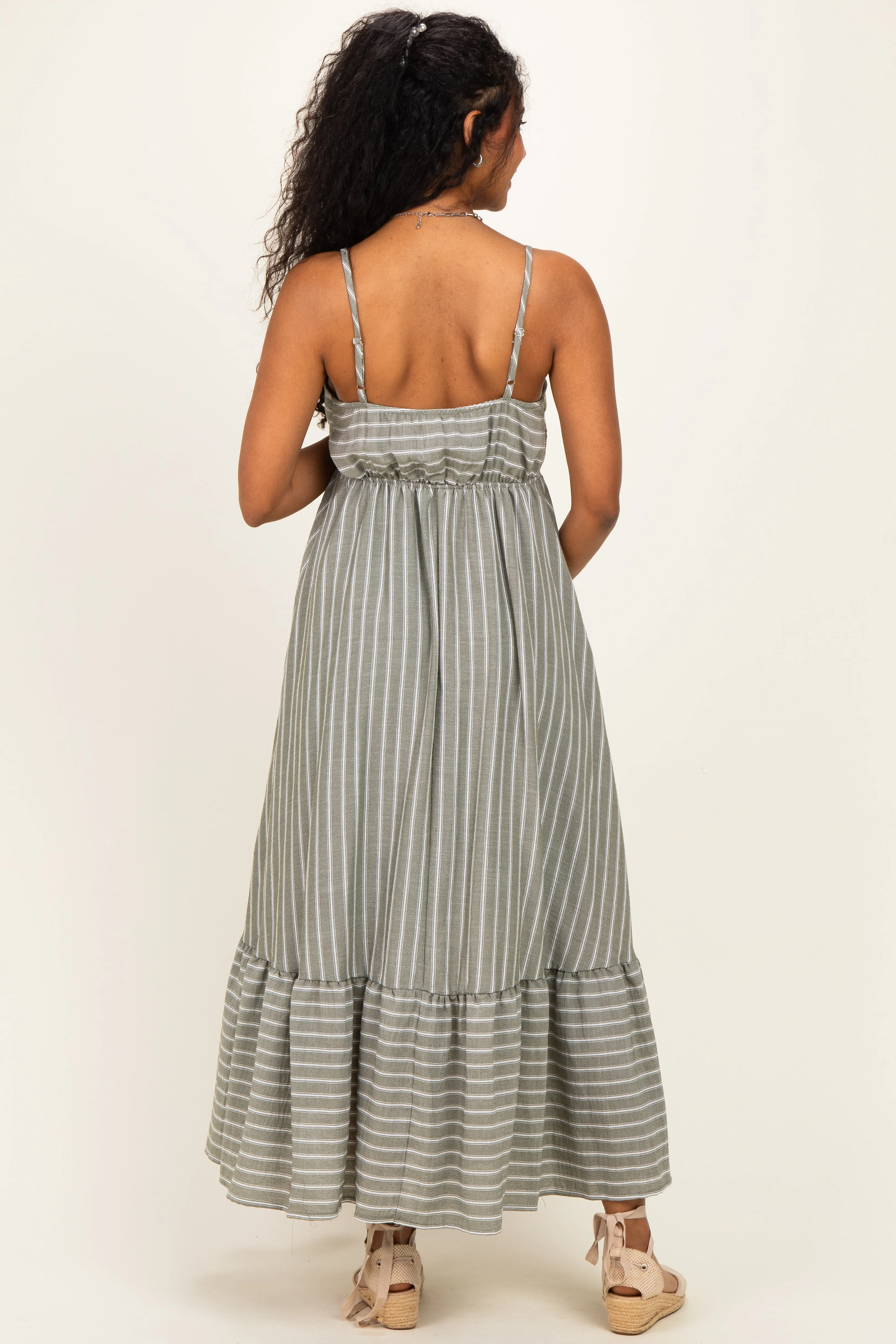 Olive/ Off White Striped Sleeveless Ruffle Hem Maternity Maxi Dress sold by Pinkblush product image thumbnail 4